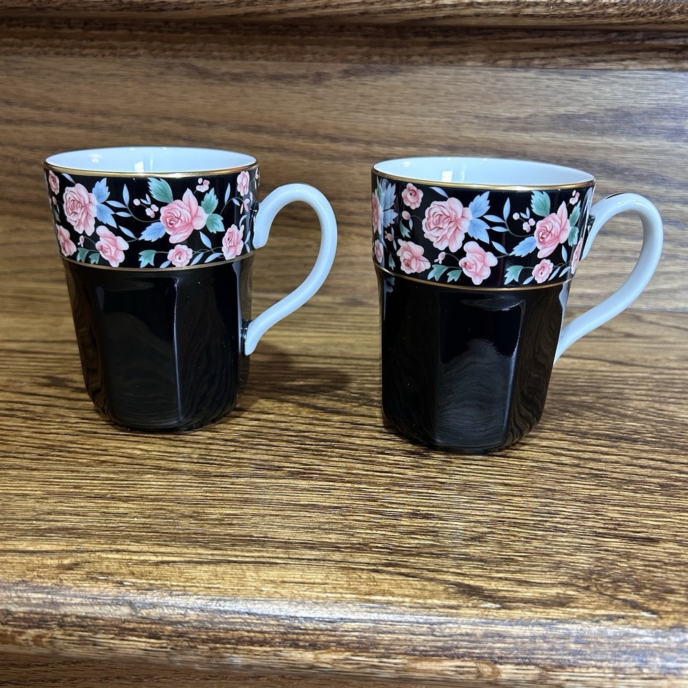 2 Vintage Arita Gear VICTORIA'S‎ GARDEN Coffee Mugs Black  Rose Tea Cup 8oz